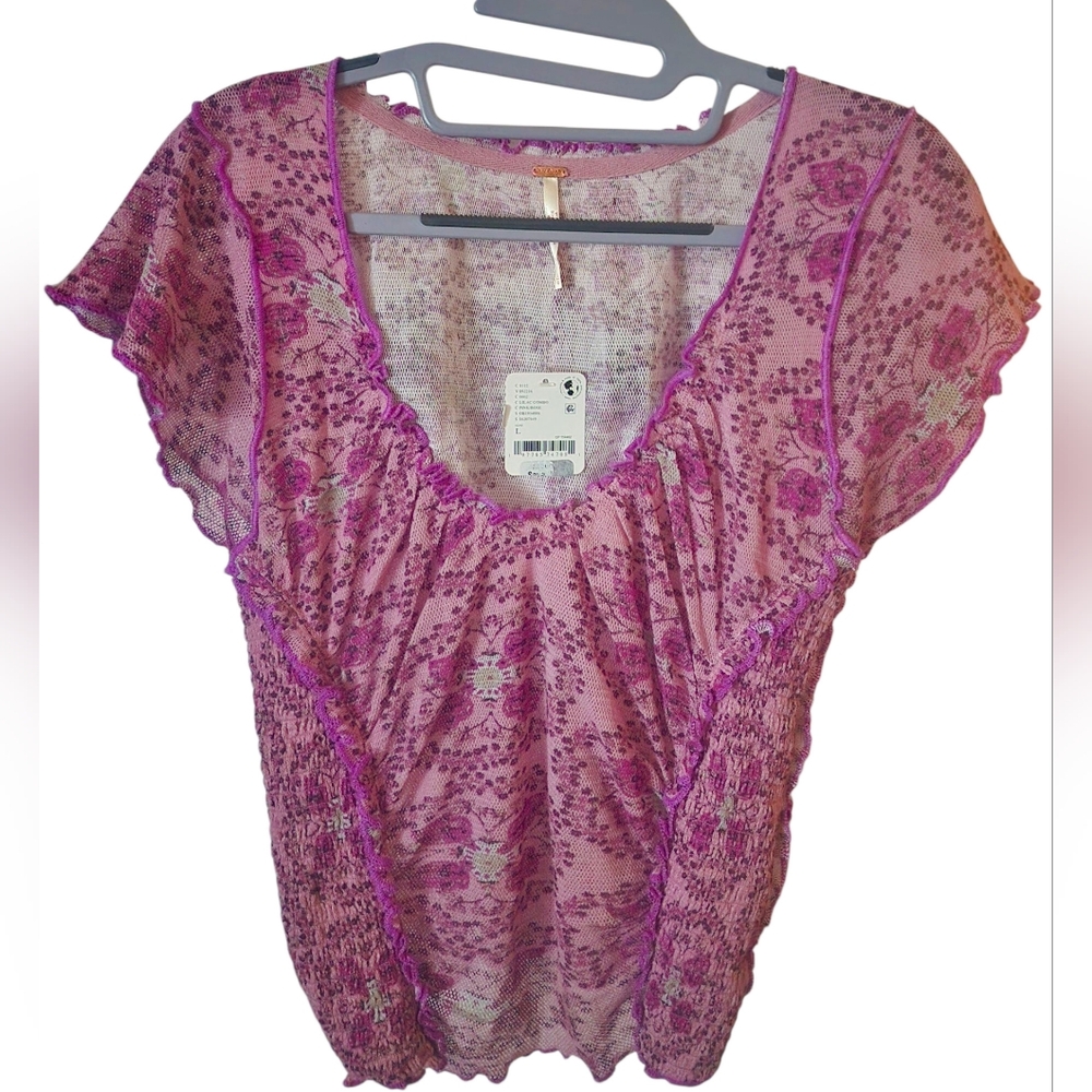 Free People Oh My Baby Tee Floral Lace Pink Purple Lettuce Trim Large NWT - Picture 4 of 6